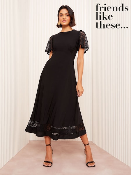 Friends Like These Black Lace Insert Flutter Sleeve Midi Dress (AG6043) | €59