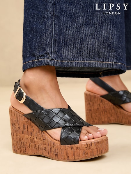 Черный - Lipsy High Weave Cross Strap Faux Leather Cork Wedges (AG6895) | €78