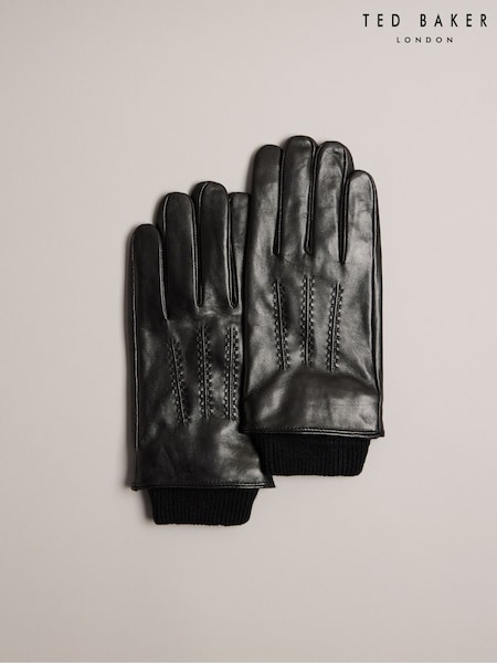 Ted Baker Black Ballat Leather Gloves With Ribbed Cuff (AG6990) | AED478