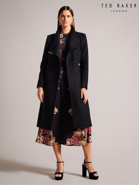 שחור - Ted Baker Rose Midi Length Belted Wool Wrap Coat (AG7136) | ‏1,705‏₪