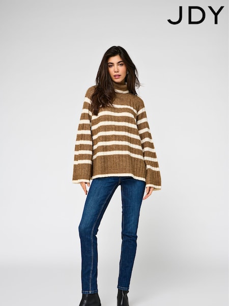 JDY Brown Stripe Roll Neck Jumper (AG7169) | ₪176