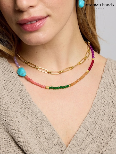 Multi Jade Gold Tone - Ottoman Hands Felice Turquoise Beaded Necklace