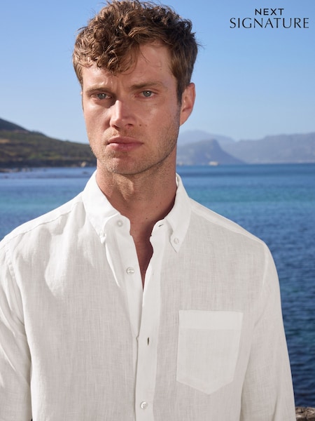 White Signature 100% Linen Long Sleeve Shirt (AG8161) | €43