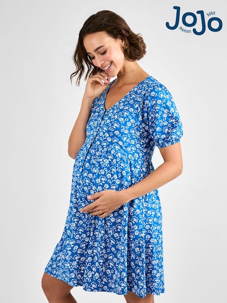 JoJo Maman Bébé Blue Floral Button Through Maternity Jersey Dress (AG8178) | €68