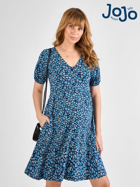 Jojo Maman Bébé Blue Floral Ditsy Button Through Maternity Jersey Dress (AG8184) | €68
