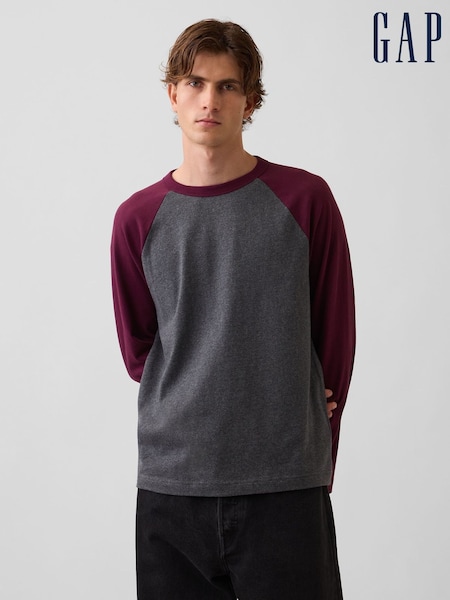 Grey/Burgundy - Regular Gap Heavyweight Relaxed Long Sleeve T-shirt