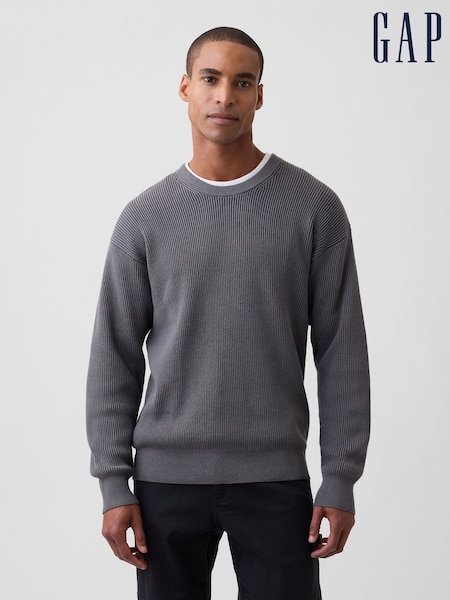 Grå - Regular Gap Relaxed Fisherman Stitch Crew Neck Jumper