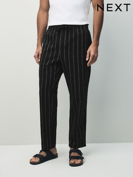 Black/White Regular Tapered Fit Cotton Linen Striped Trousers (AG8417) | AZN 71
