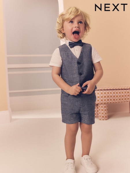 Navy Cotton/Linen Blend Waistcoat, Shirt, Short & Bow Tie Set (3mths-9yrs) (AG8617) | €50 - €58