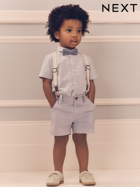 Blue Gingham Shirt, Shorts, Bow Tie & Braces Set (3mths-9yrs) (AG8627) | CHF 46 - CHF 53