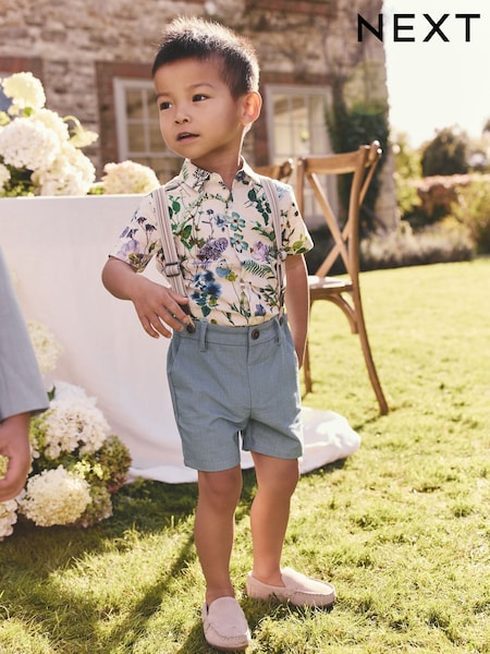 Teal Blue Floral Shirt, Shorts, Bow Tie & Braces Set (3mths-9yrs) (AG8628) | €37 - €43