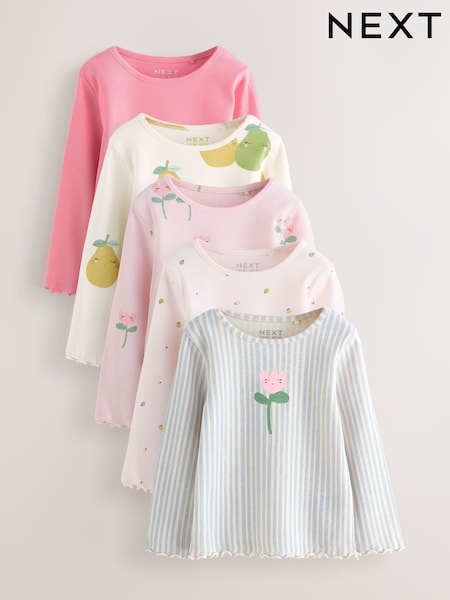 Light Pink Ribbed Long Sleeve Tops 5 Pack (3mths-7yrs) (AG8673) | $50 - $59