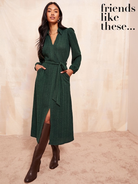Friends Like These Green Cosy Long Sleeve Open Neck Midi Dress (AG8691) | €37