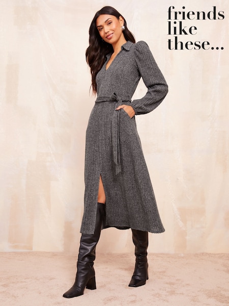 Friends Like These Grey Cosy Long Sleeve Open Neck Midi Dress (AG8692) | €37