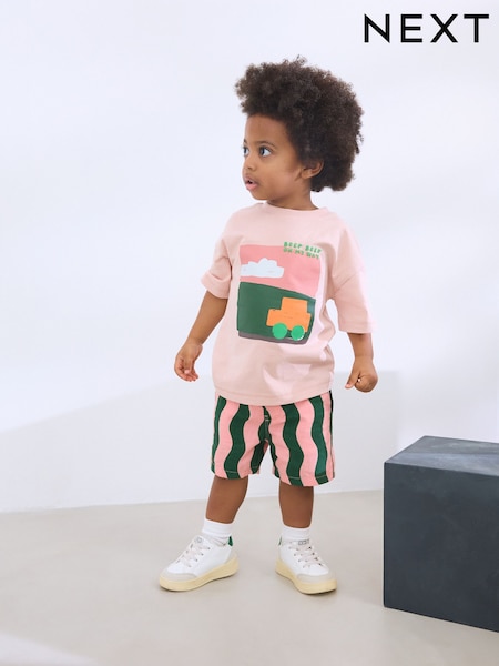 Pink/Green Wavy Stripe 100% Cotton T-Shirt and Shorts Set (3mths-7yrs) (AG8694) | €16 - €20