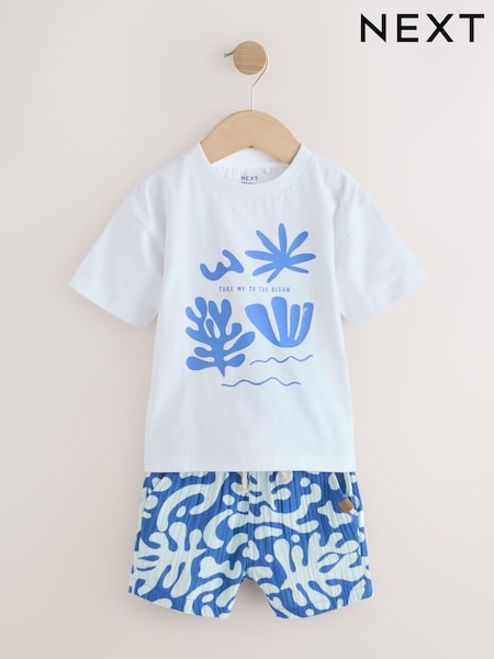 White/Blue T-Shirt and Shorts 100% Cotton Set (3mths-7yrs) (AG8697) | €18 - €24
