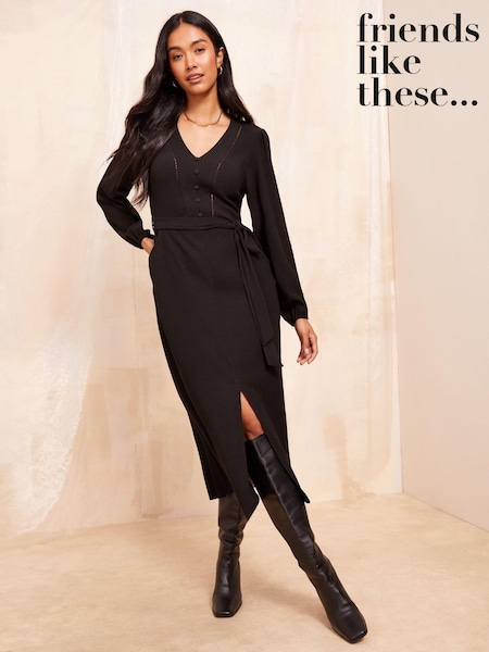 שחור - Friends Like These Ladder Trim Textured Midi Dress (AG8698) | ‏191‏₪