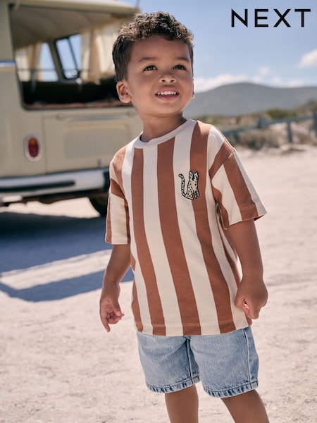 Brown Neutral Short Sleeve Stripe T-Shirt (3mths-7yrs) (AG8720) | R$ 60 - R$ 80