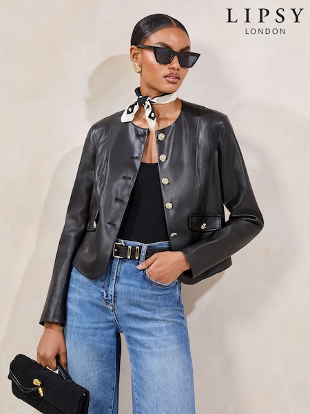 Lipsy Black Faux Leather Petite Collarless Jacket With a Touch of Linen (AG8827) | €94
