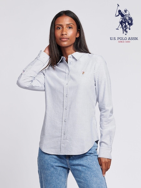 Albastru - U.S. Polo Assn. Womens Classic Fit 100% Cotton Stripe Oxford Shirt (AG9010) | 260 LEI