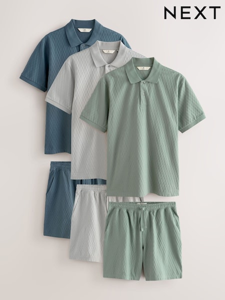 Blue/Sage Green/Grey Textured Coord Polo Shirt And Shorts Set 3 Pack (AG9201) | R$ 1.055