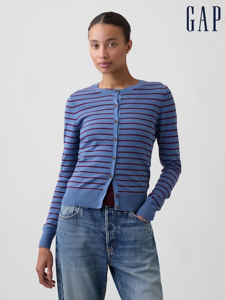 Blau/Burgunderfarben Streifen - Gap Strickjacke mit Rundhalsausschnitt
