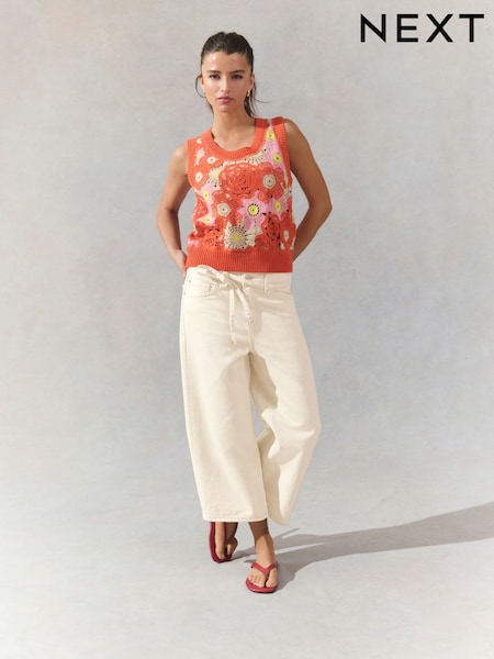 Ecru - 100% Cotton Tie-waist Cropped Wide Leg Jeans (AG9264) | 217 LEI