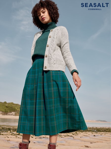 Seasalt Cornwall Teal Blue Day Dream Cord Check Midi Skirt (AG9708) | OMR18