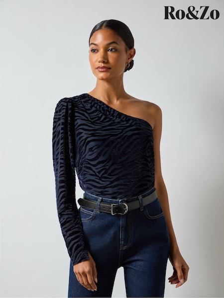 Ro&Zo Navy Blue Zebra Burnout One Shoulder Top (AG9718) | €45