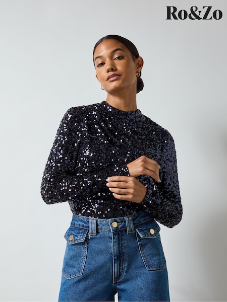 Ro&Zo Navy Blue Sequin High Neck Top (AG9734) | €52