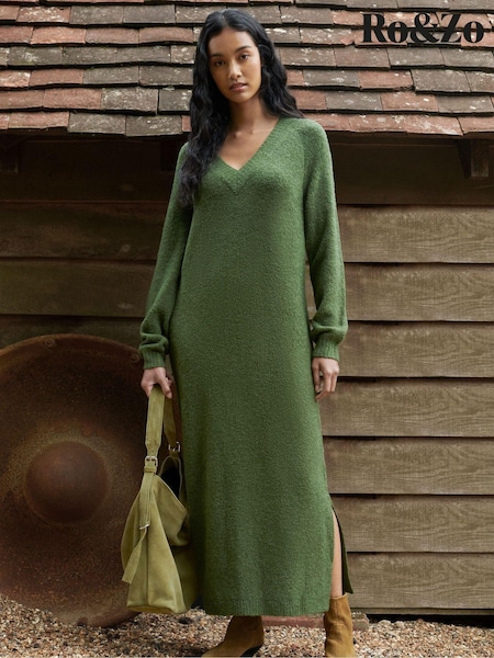 Ro&Zo Olive Green V-Neck Textured Knit Dress (AG9754) | €59