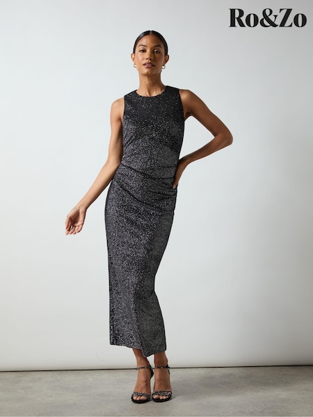 Ro&Zo Black Petite Gabriela Sparkle Velvet Column Midi Dress (AG9772) | € 77