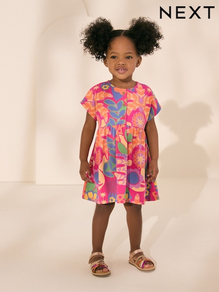 Roz cu imprimeu tropical - Mânecă scurtă Jersey Summer Rochie (3mths-7yrs) (AG9777) | 74 LEI - 89 LEI