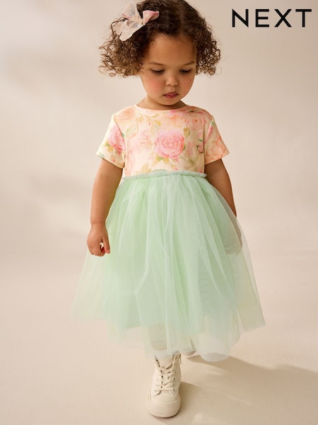 Sage Green Floral Ribbed Mesh Party Dress (3mths-7yrs) (AG9808) | BGN 45 - BGN 51