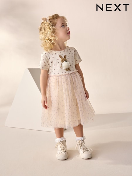 Ecru Bunny Character Short Sleeve Rib Mesh Party Dress (3mths-7yrs) (AG9809) | €26 - €29