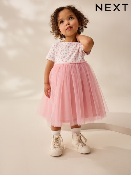Pink Floral Short Sleeve Rib Mesh Party Dress (3mths-7yrs) (AG9811) | kr230 - kr260