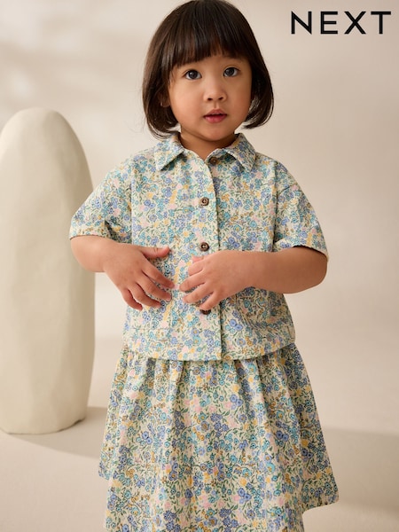 Sininen/Ecru Kukallinen  - 100% Cotton Top and Skirt Set (3mths-7yrs) (AG9823) | €25 - €31