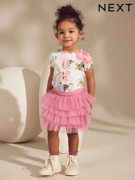 Pink Floral Ribbed T-Shirt & Tutu Skirt (3mths-7yrs) (AG9829) | €25 - €31