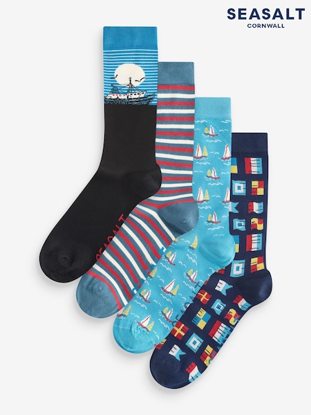 Seasalt Cornwall Blue Mens Sailor Socks Box of 4 Boats (AG9874) | AED81