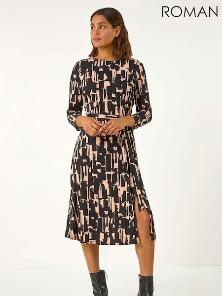 Roman Black Stretch Abstract Belted Dress (AH1012) | €53