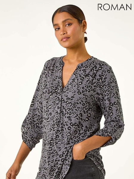 Roman Grey Animal Print Stretch Blouse (AH1014) | €46