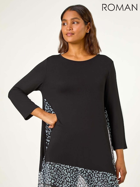 Schwarz - Roman Animal Print Contrast Mesh Hem Stretch Top (AH1017) | 50 €