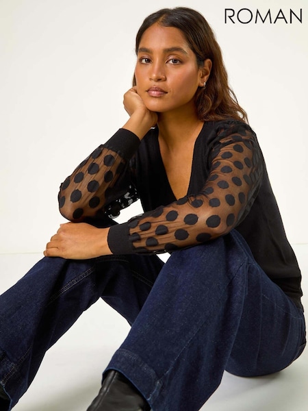 Negro - Roman Polka Dot Sleeve Knit Jumper (AH1019) | 54 €