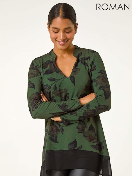 Roman Green Floral Chiffon Hem Blouse (AH1027) | €44