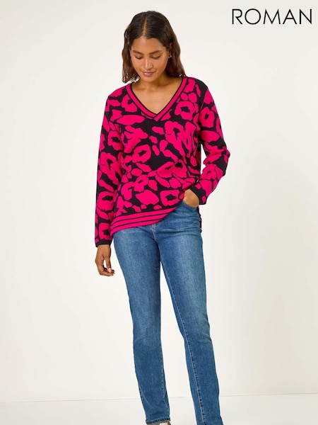 Roman Pink Animal Print V-Neck Jumper (AH1030) | AED255