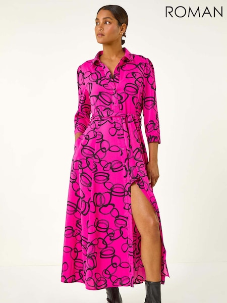 Roman Pink Abstract Circle Print Midi Shirt Dress (AH1034) | €64
