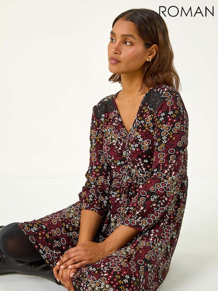 Roman Red Floral Print Lace Trim Dress (AH1037) | €60