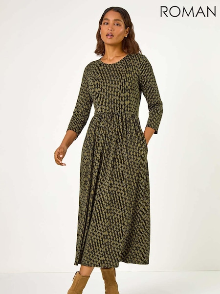 Roman Green Geometric Pocket Stretch Midi Dress (AH1039) | €53