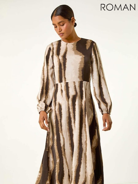 Roman Brown Shadow Stripe Print Midi Dress (AH1040) | €60