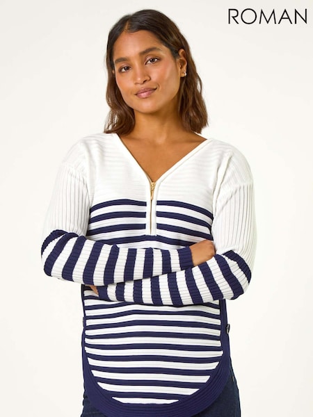 Roman White Striped Zip Front Ribbed Knit Top (AH1041) | €51